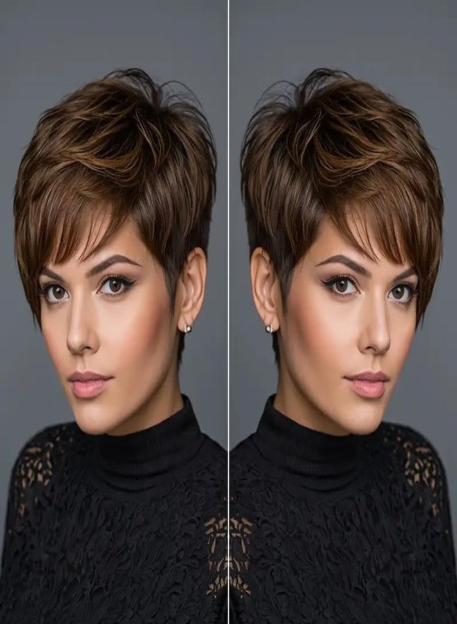 Besteffie Pixie Cut Wig Human Hair for Black Women Short Brown Pixie Cut Wigs Human Hair Glueless Pixie Wig Short Layered Brazilian Virgin Human Hair for Daily Use - Image 3